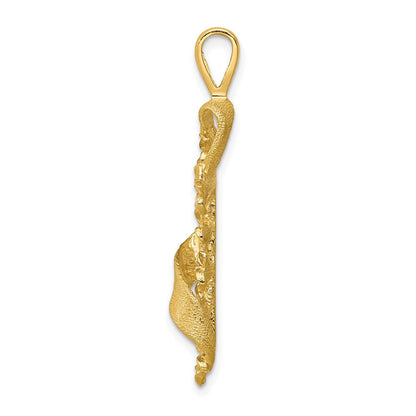 14k Yellow Gold Polished and Textured Flower Cross w/Ribbon Pendant