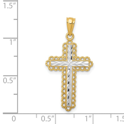 14K Yellow & Rhodium W/Rhodium Diamond-Cut Budded Cross Pendant