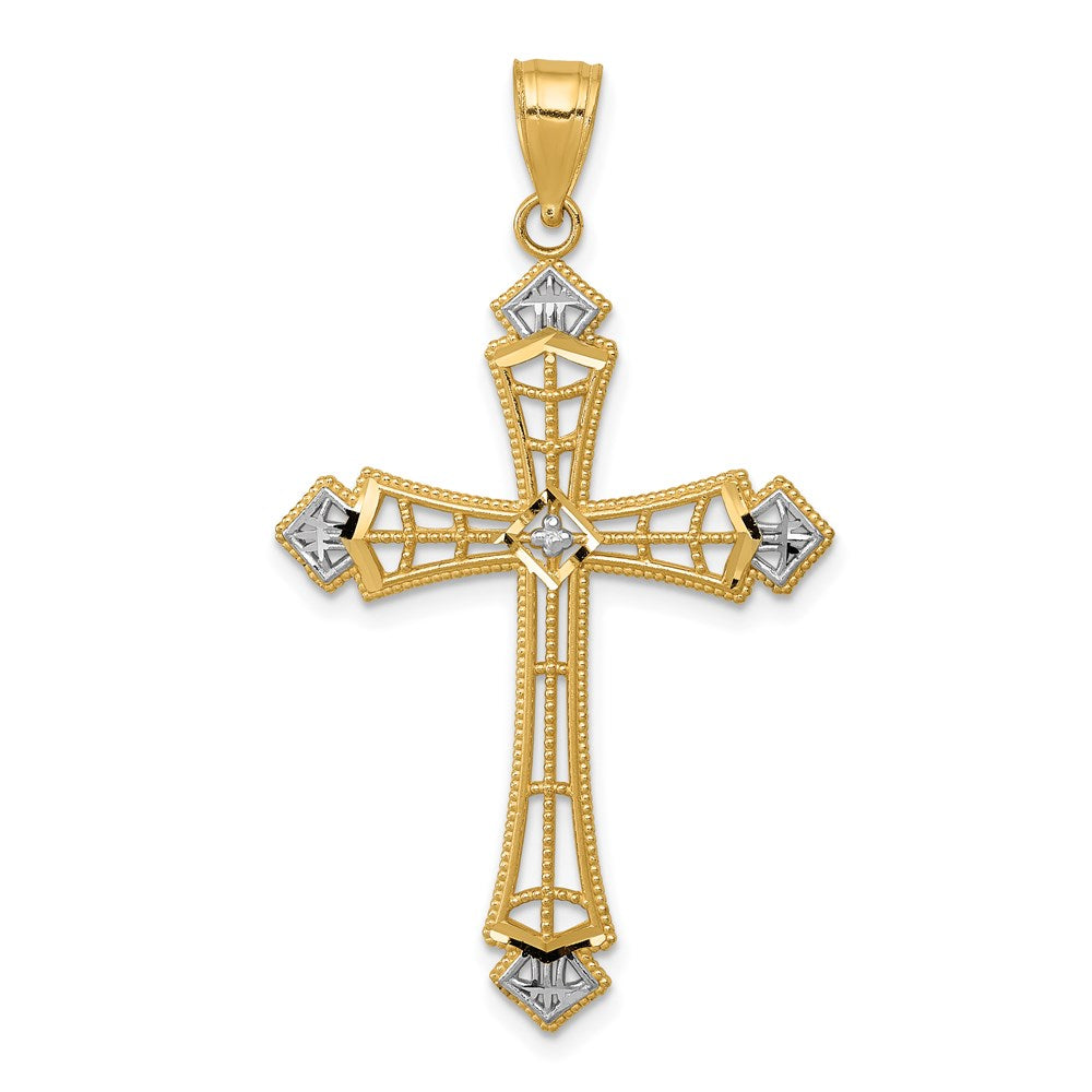 14K Yellow & Rhodium W/Rhodium Diamond-Cut Cross Pendant