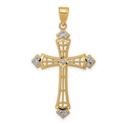 14K Yellow & Rhodium W/Rhodium Diamond-Cut Cross Pendant