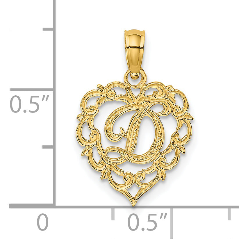 14K Yellow Gold 14Ky Heart Script Letter D Initial Charm