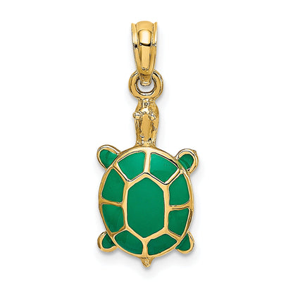 14K Yellow Gold Green Enamel Tortoise Charm