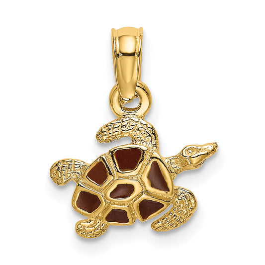 14K Yellow Gold Textured And Enameled Sea Turtle Charm