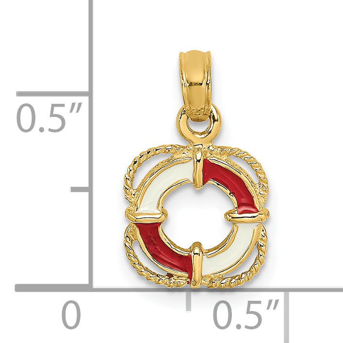 14K Yellow Gold Red And White Enameled Lifesaver Ring Charm