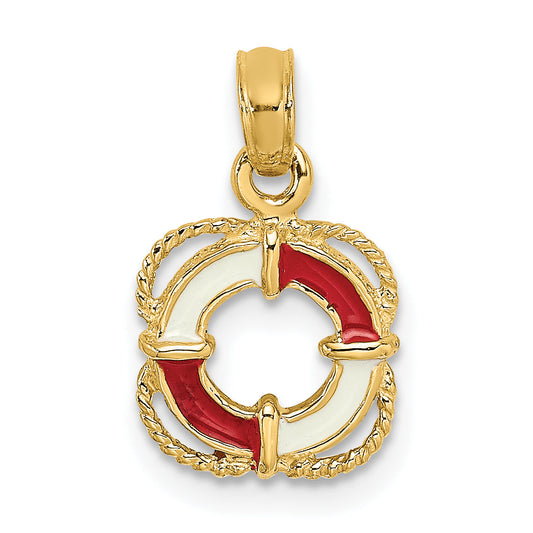 14K Yellow Gold Red And White Enameled Lifesaver Ring Charm