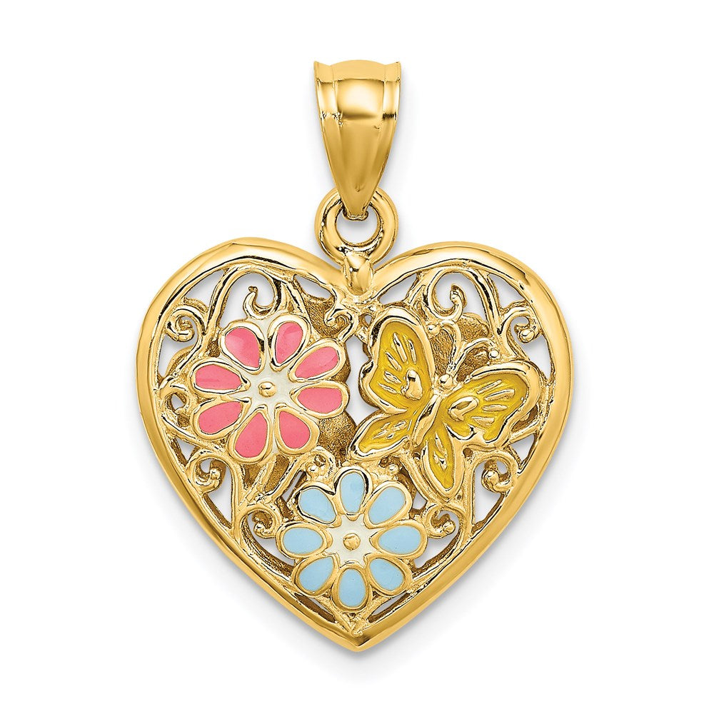14k Yellow Gold 3D Reversible Enamel Butterfly and Flowers Heart Pendant