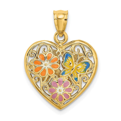 14k Yellow Gold 3D Reversible Enamel Butterfly and Flowers Heart Pendant