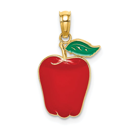 14K Yellow Gold Enamel Red Delicious Apple W/Stem And Leaf Charm