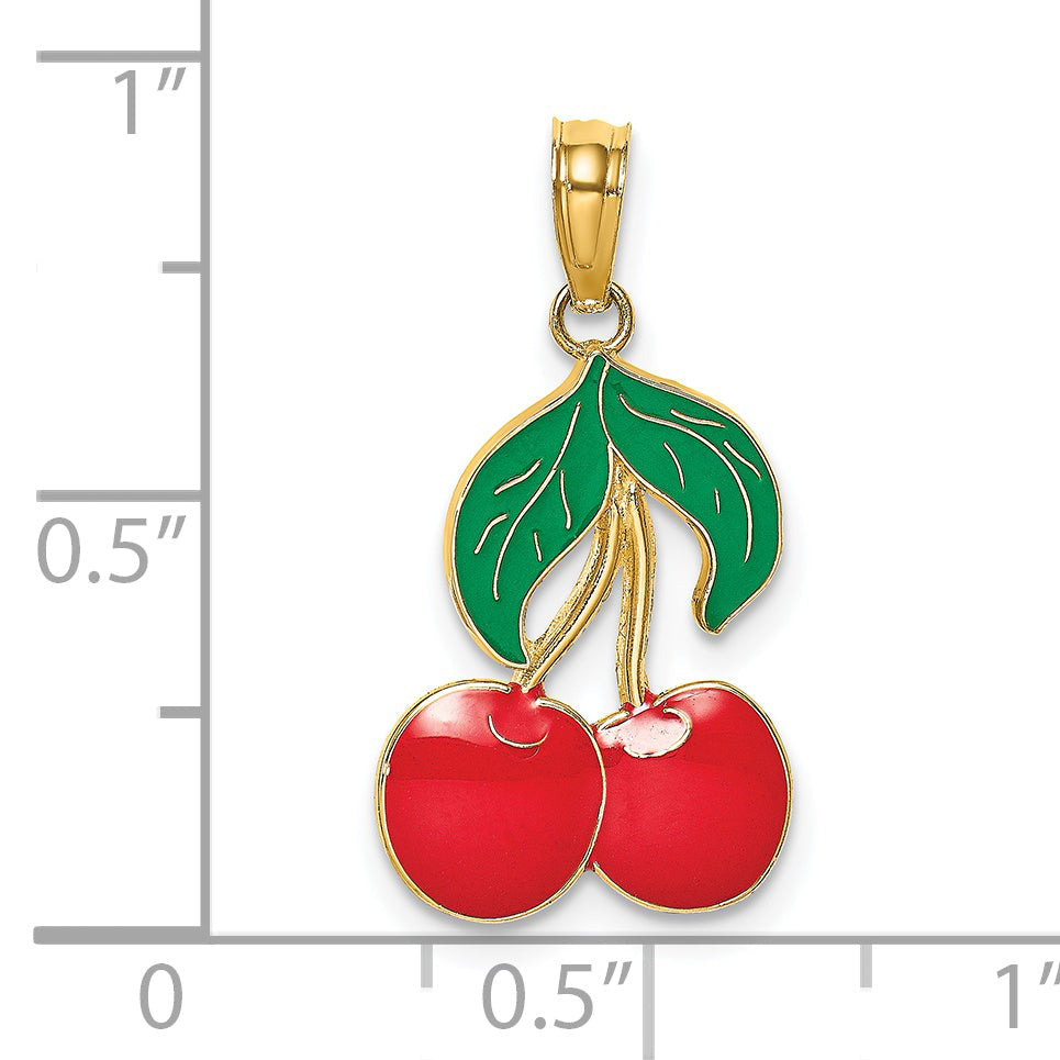14K Yellow Gold W/ Enamel Cherries With Leaf Charm