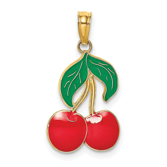 14K Yellow Gold W/ Enamel Cherries With Leaf Charm