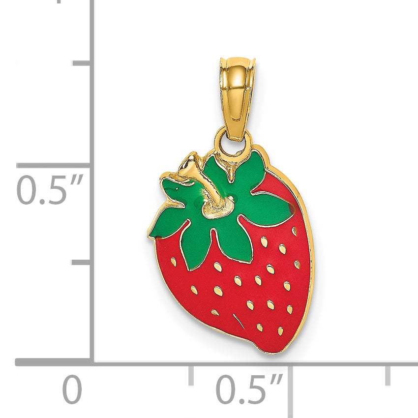 14K Yellow Gold W/ Enamel Strawberry With Leaf Charm
