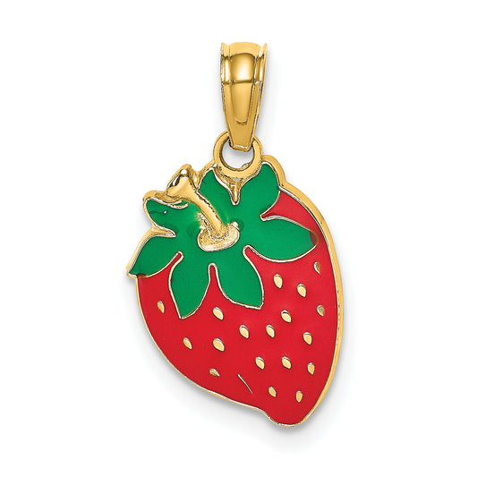 14K Yellow Gold W/ Enamel Strawberry With Leaf Charm