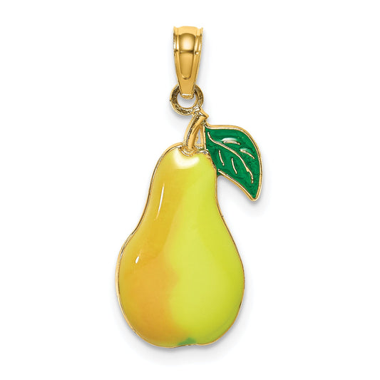 14K Yellow Gold W/ Enamel Pear With Stem And Leaf Charm