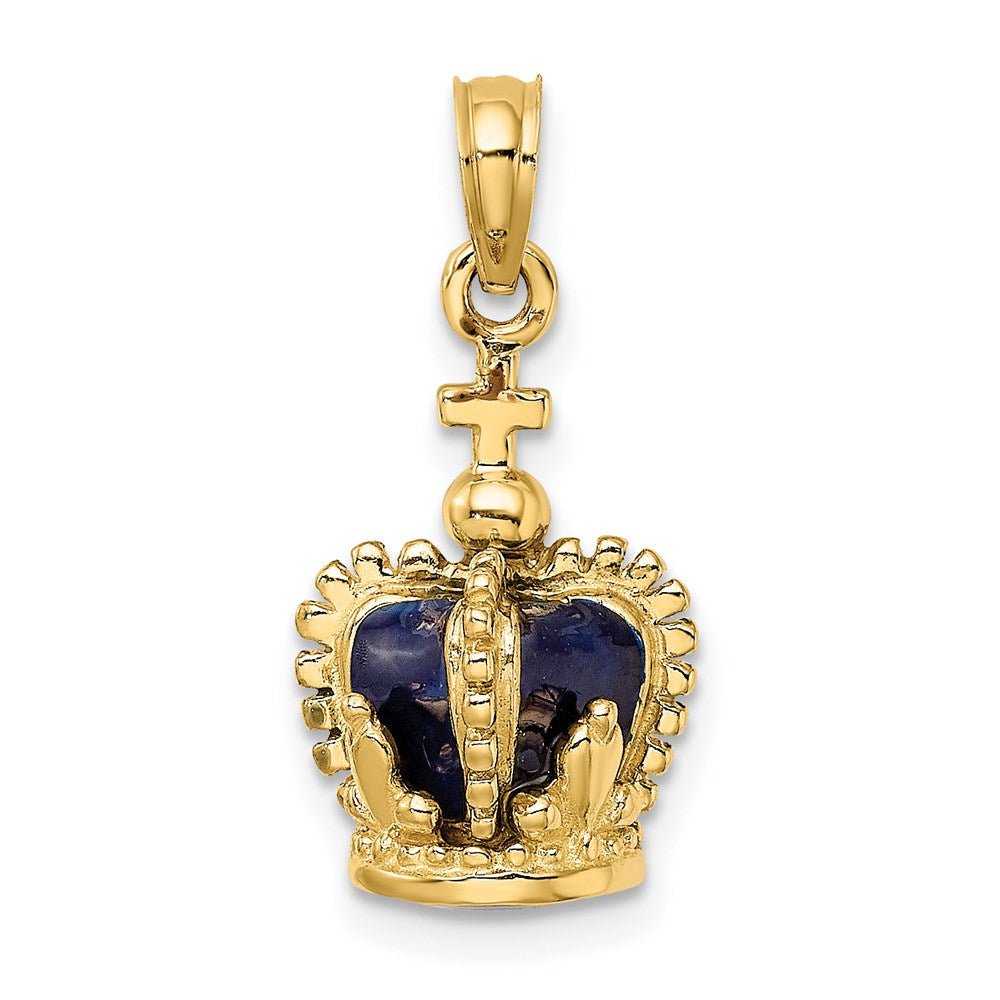 14k Yellow Gold 3-D w/ Enamel Crown w/ Cross On Top Charm
