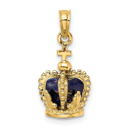 14k Yellow Gold 3-D w/ Enamel Crown w/ Cross On Top Charm