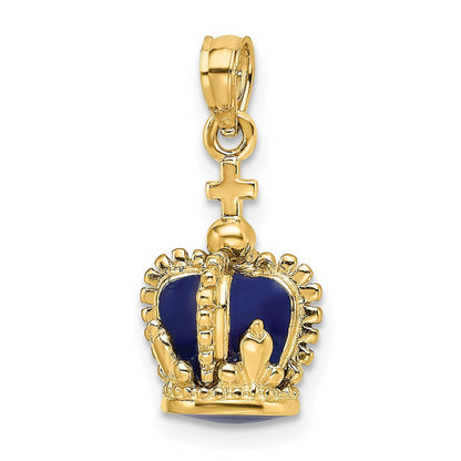 14k Yellow Gold 3-D w/ Enamel Crown w/ Cross On Top Charm