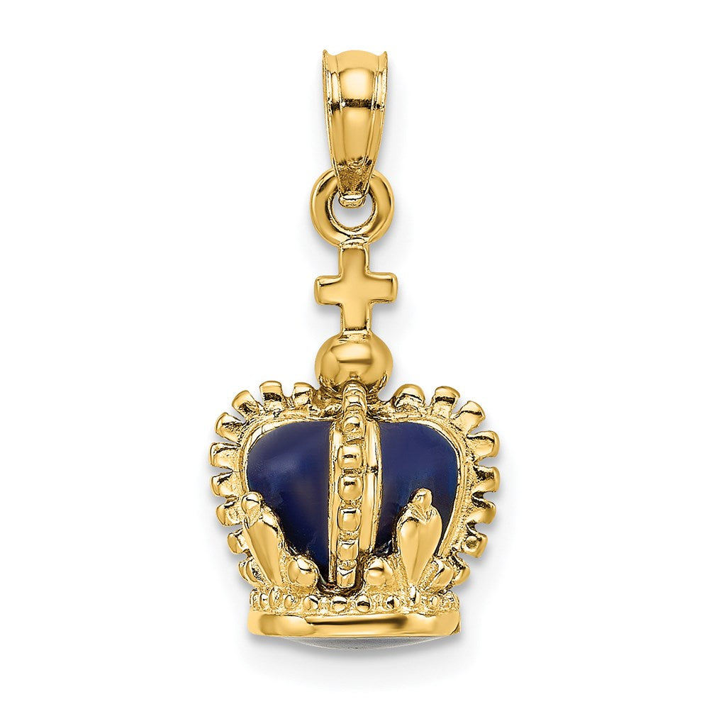 14k Yellow Gold 3-D w/ Enamel Crown w/ Cross On Top Charm