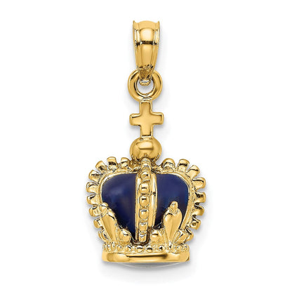 14k Yellow Gold 3-D w/ Enamel Crown w/ Cross On Top Charm