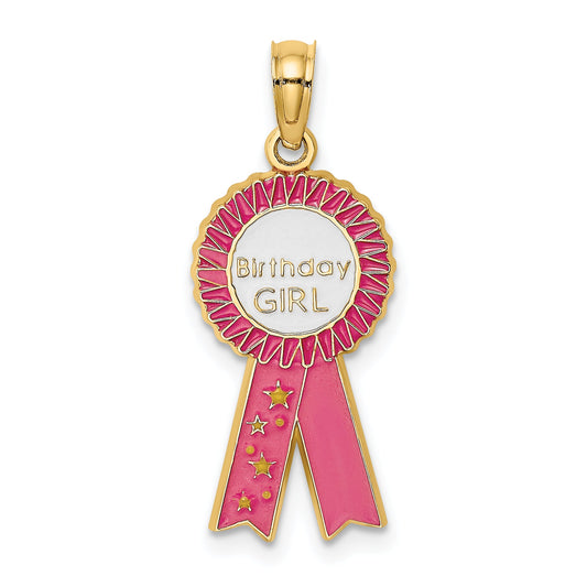 14K Yellow Gold Enamel Birthday Girl Pink Ribbon Charm