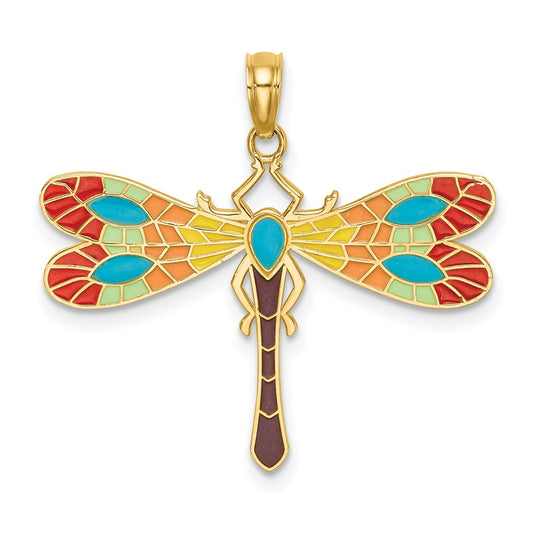 14K Yellow Gold Multi Color Enamel Dragonfly Charm
