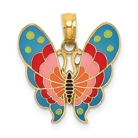 14K Yellow Gold W/ Multi-Color Enamel Butterfly Charm