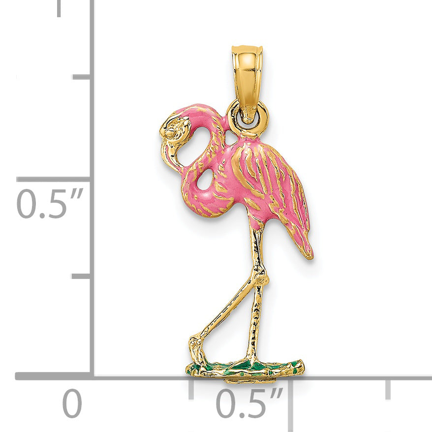 14K Yellow Gold 3-D Pink Enamel Flamingo Charm