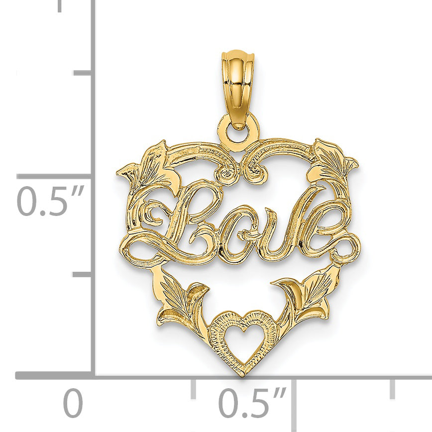 14K Yellow Gold Love In Heart W/ Floral Design Charm