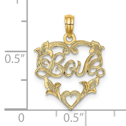 14K Yellow Gold Love In Heart W/ Floral Design Charm
