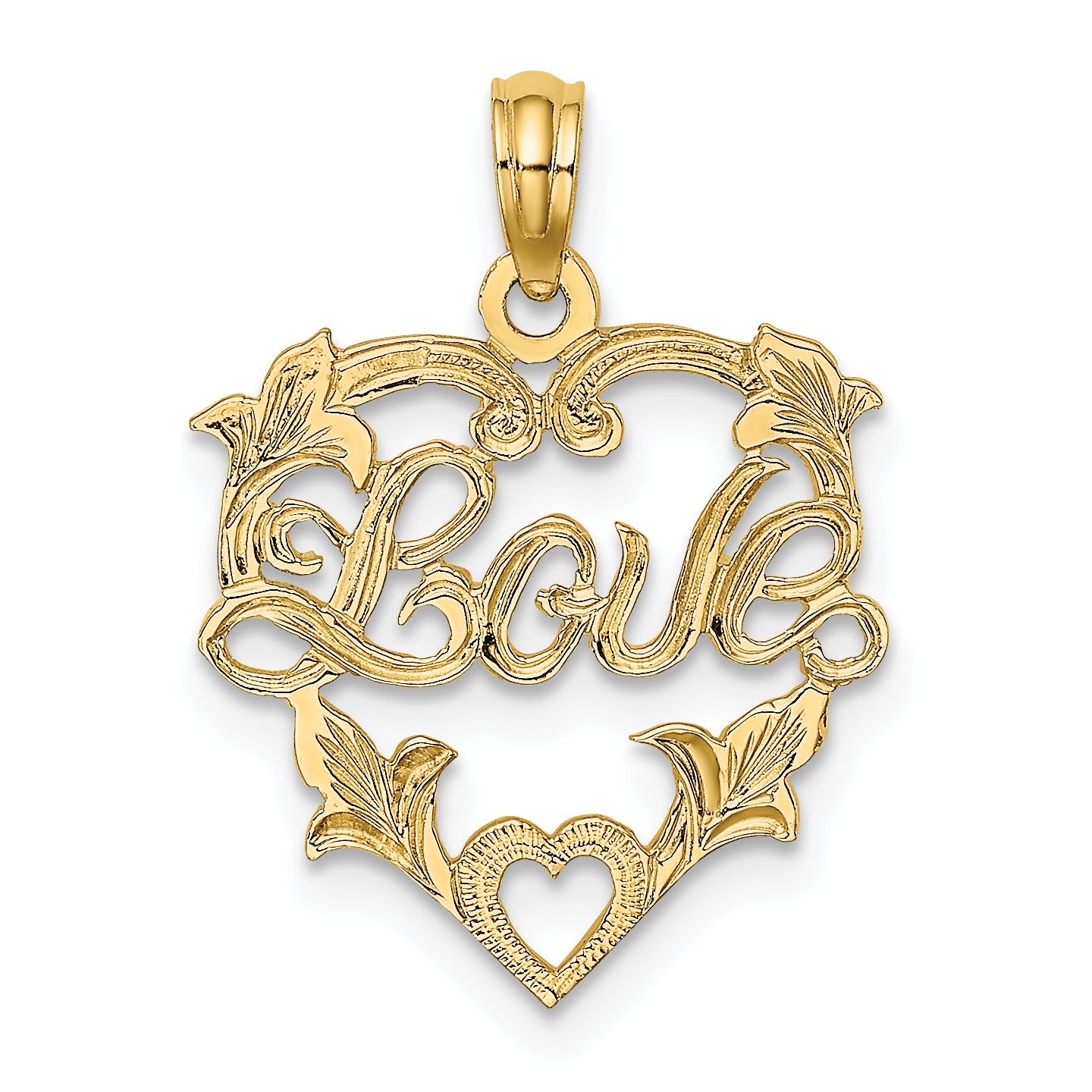 14K Yellow Gold Love In Heart W/ Floral Design Charm