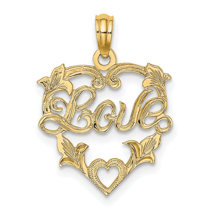 14K Yellow Gold Love In Heart W/ Floral Design Charm