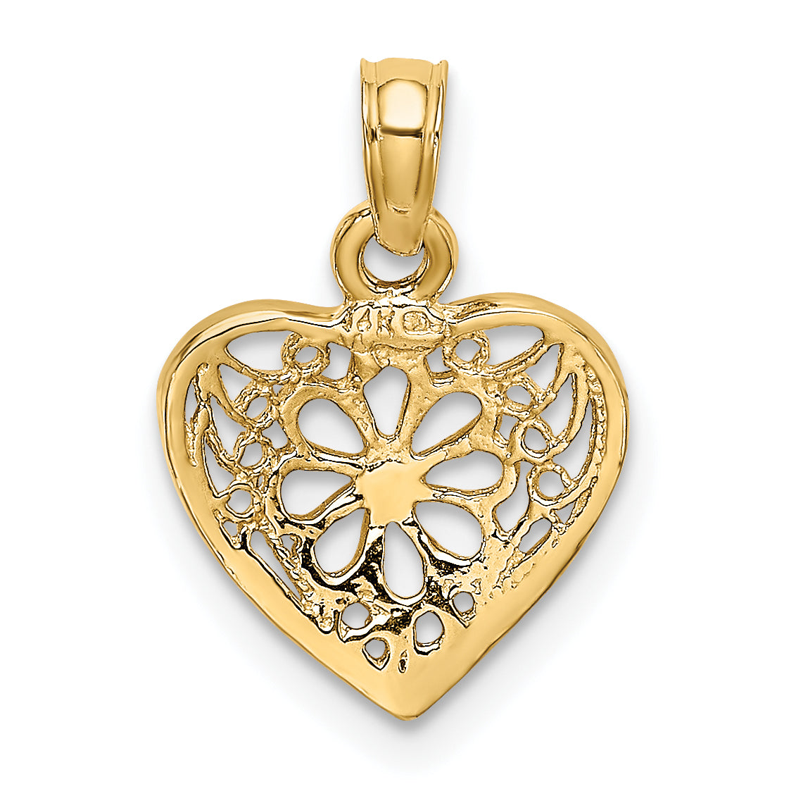 14K Yellow Gold 2-D Filigree Heart W/ Flower Design Charm