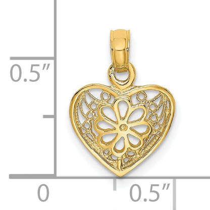 14K Yellow Gold 2-D Filigree Heart W/ Flower Design Charm