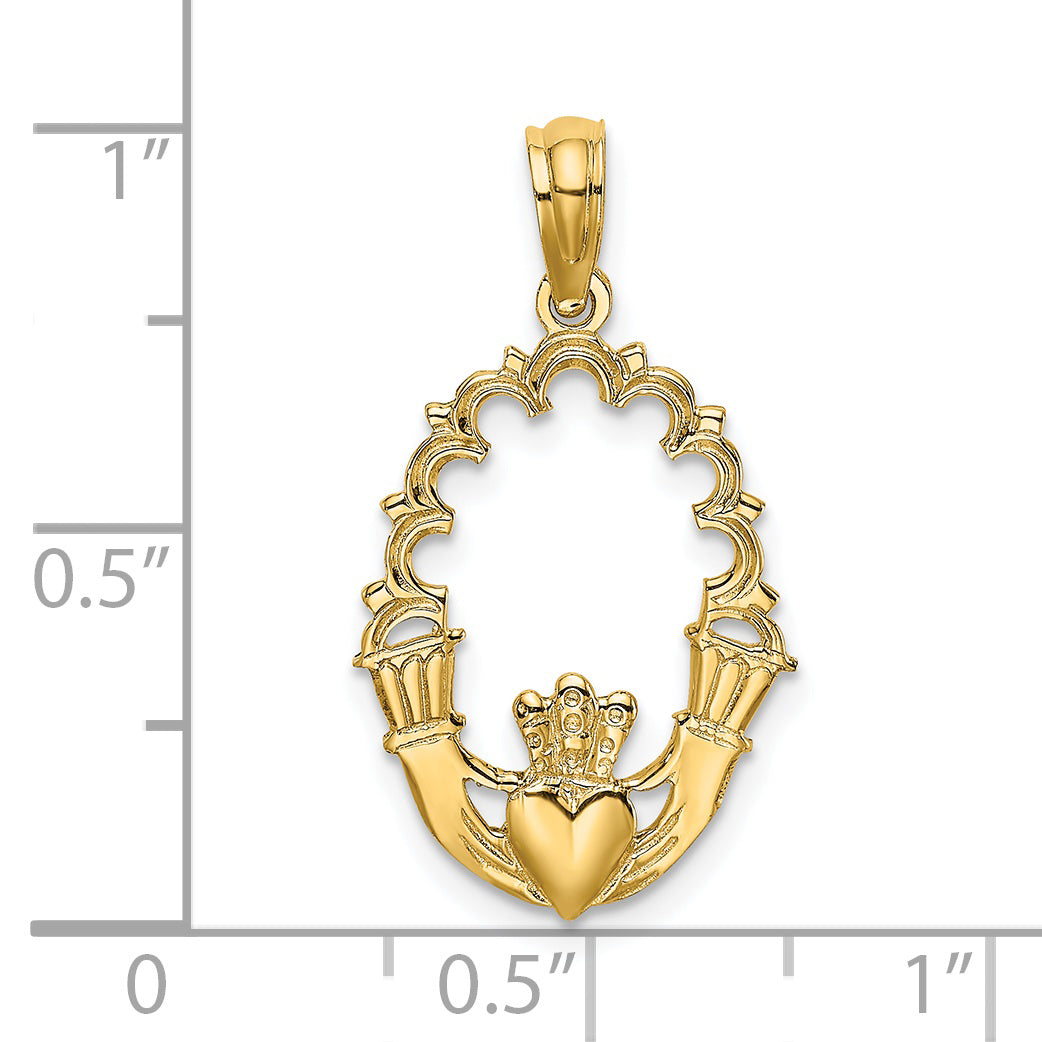 14K Yellow Gold Engraved Claddagh In Oval W/ Lace Trim Charm