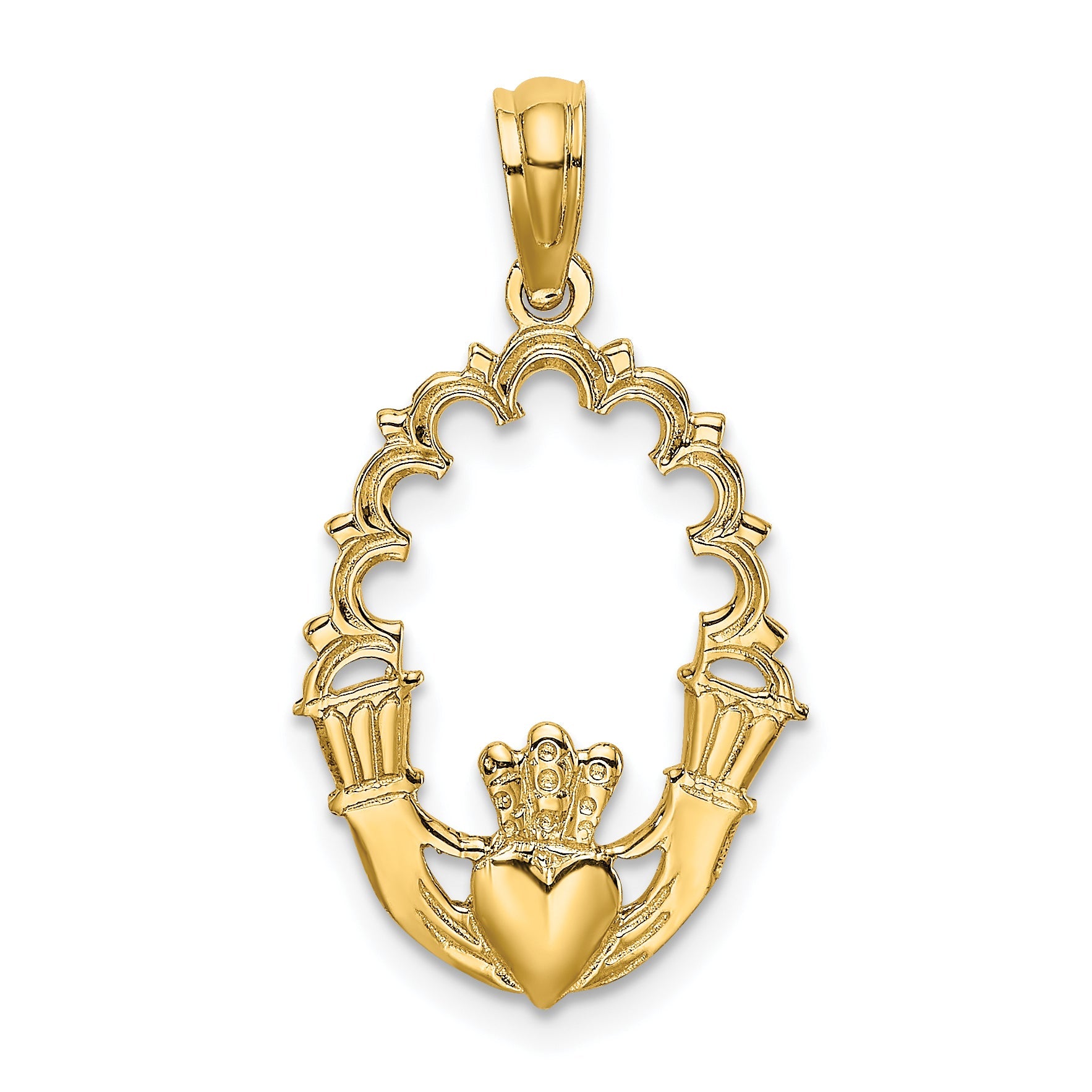 14K Yellow Gold Engraved Claddagh In Oval W/ Lace Trim Charm