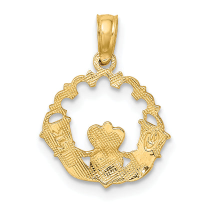 14K Yellow Gold Engraved Claddagh In Scallop Circle Charm