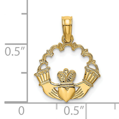 14K Yellow Gold Engraved Claddagh In Scallop Circle Charm