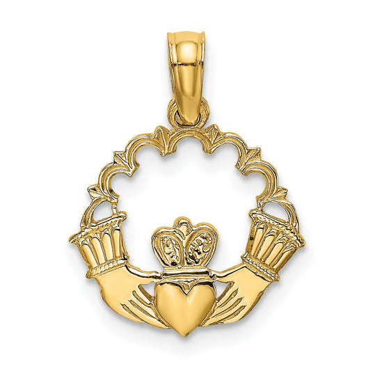 14K Yellow Gold Engraved Claddagh In Scallop Circle Charm