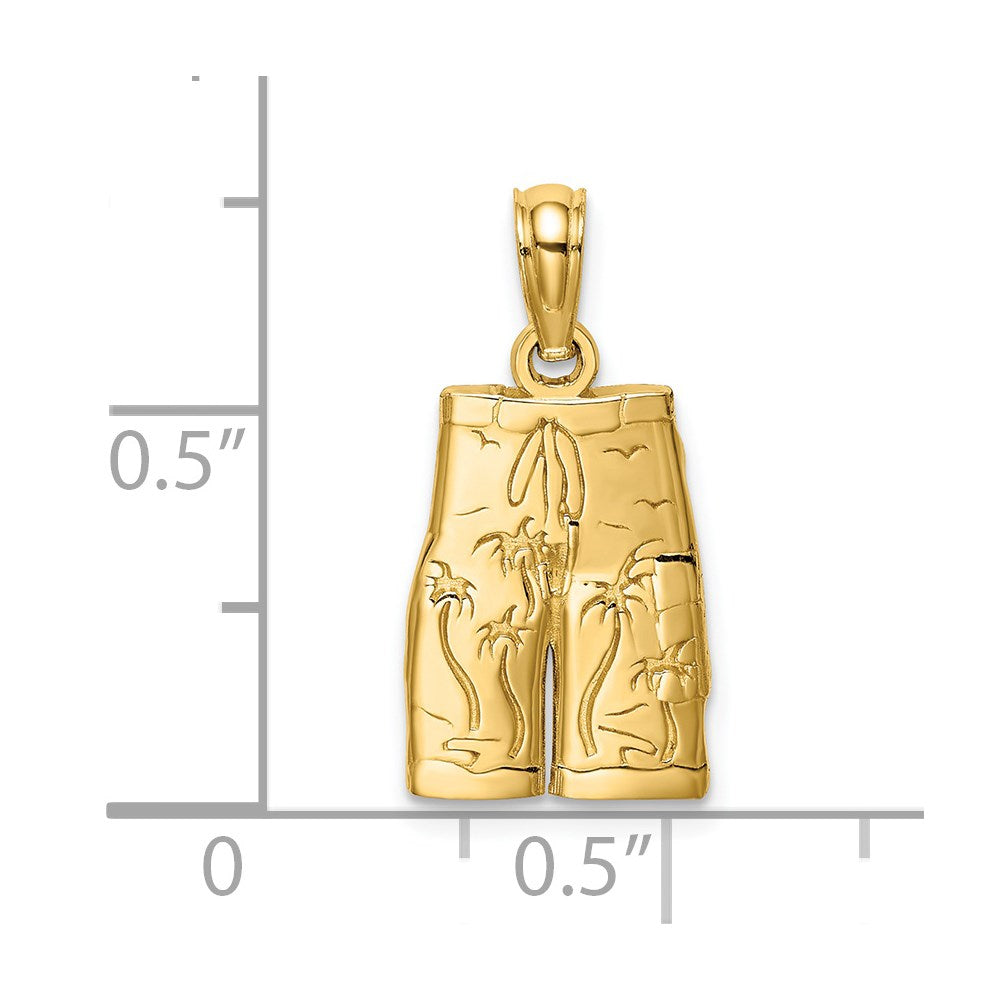 14K Yellow Gold Engraved Board Shorts W/ Palm Trees Charm