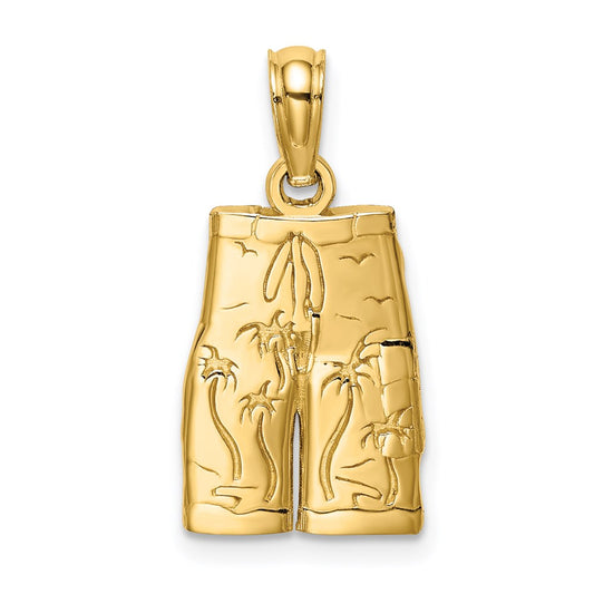 14K Yellow Gold Engraved Board Shorts W/ Palm Trees Charm