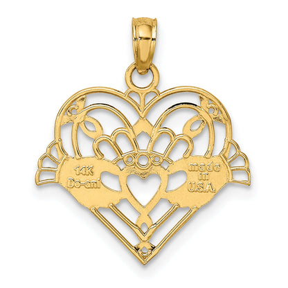 14K Yellow Gold Polished And Beaded Claddagh In Heart Charm