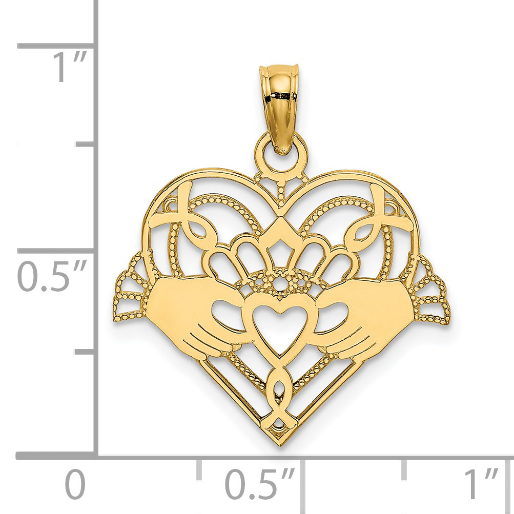 14K Yellow Gold Polished And Beaded Claddagh In Heart Charm