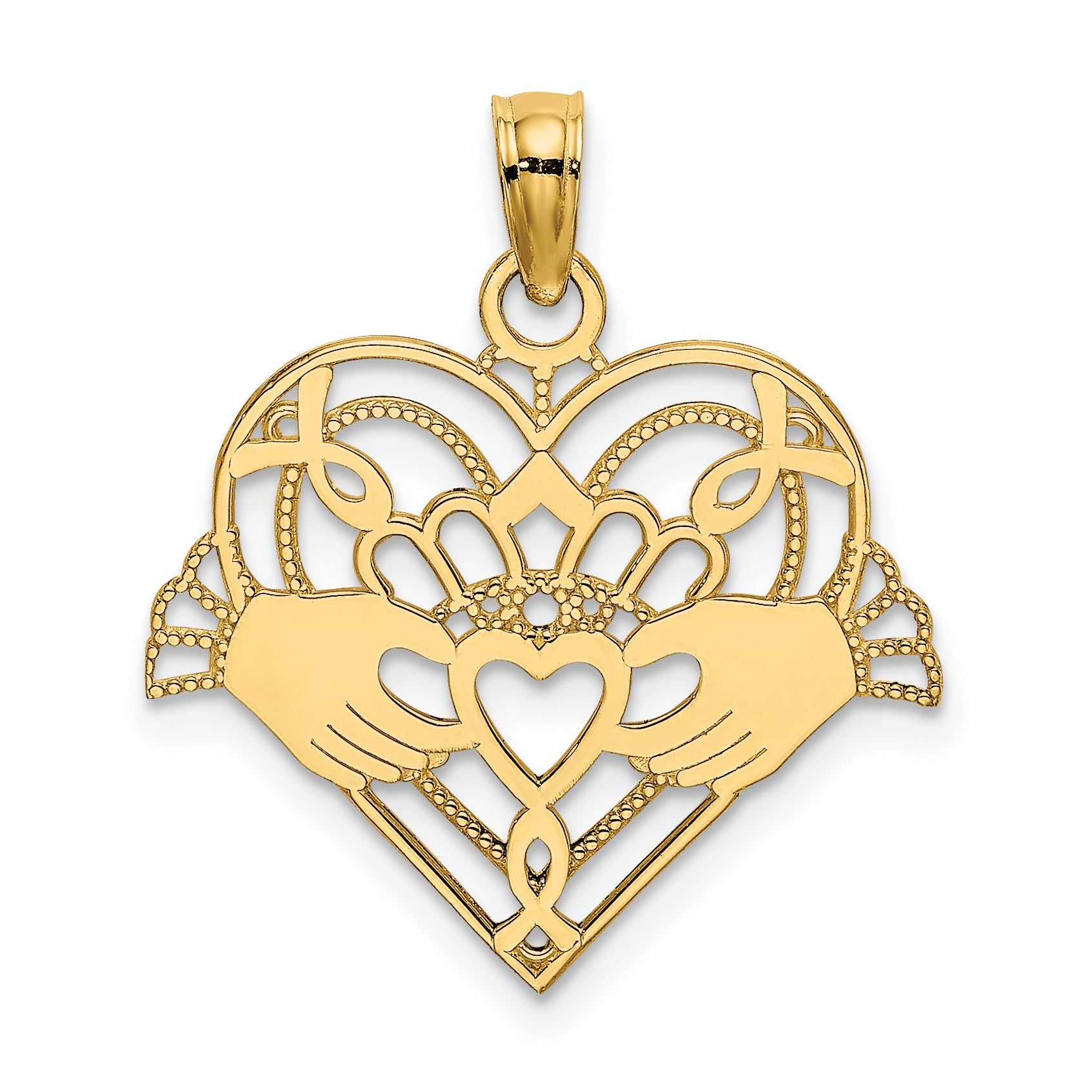 14K Yellow Gold Polished And Beaded Claddagh In Heart Charm