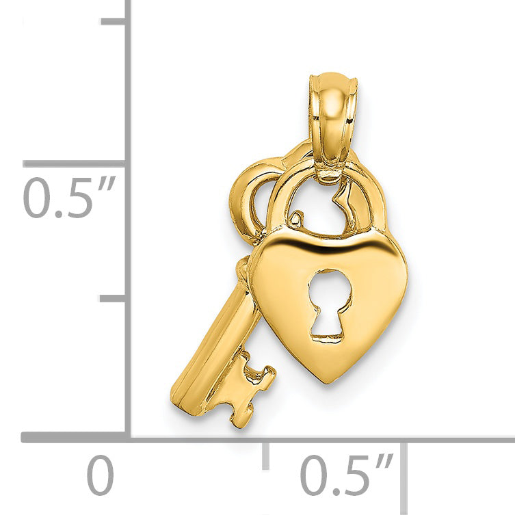 14K Yellow Gold Moveable Dangling Heart And Key Charm