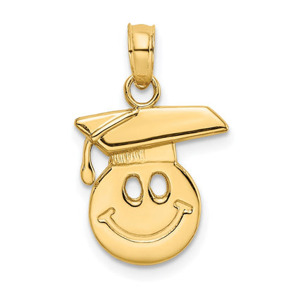 14K Yellow Gold Polished Smiley Face W/ Graduation Cap Charm