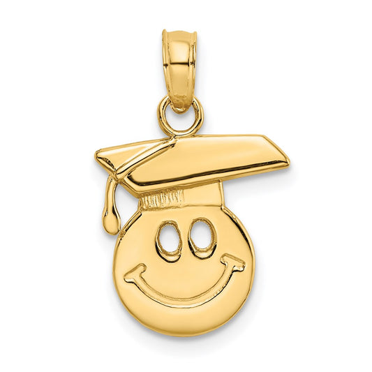 14K Yellow Gold Polished Smiley Face W/ Graduation Cap Charm