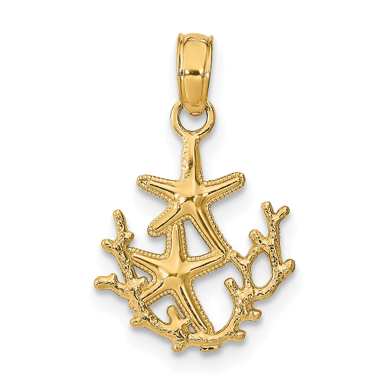 14K Yellow Gold Textured Mini Double Starfish And Coral Charm