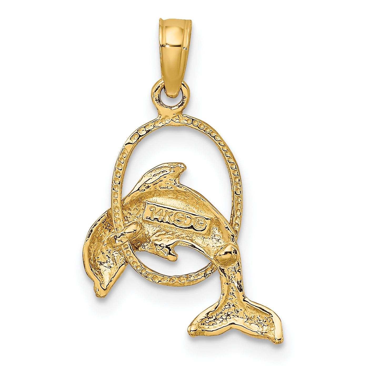 14K Yellow Gold Polished Dolphin Jumping Through Hoop Charm
