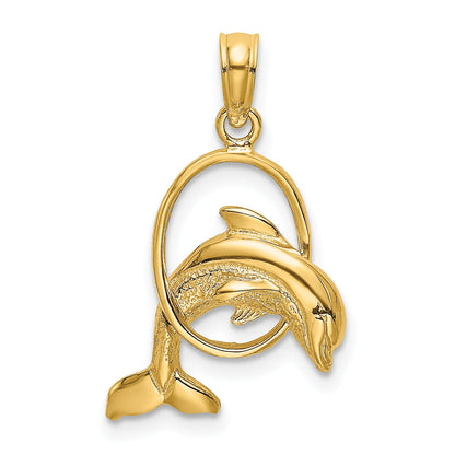 14K Yellow Gold Polished Dolphin Jumping Through Hoop Charm