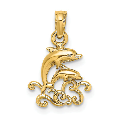 14K Yellow Gold Textured Mini Double Dolphins And Waves Charm