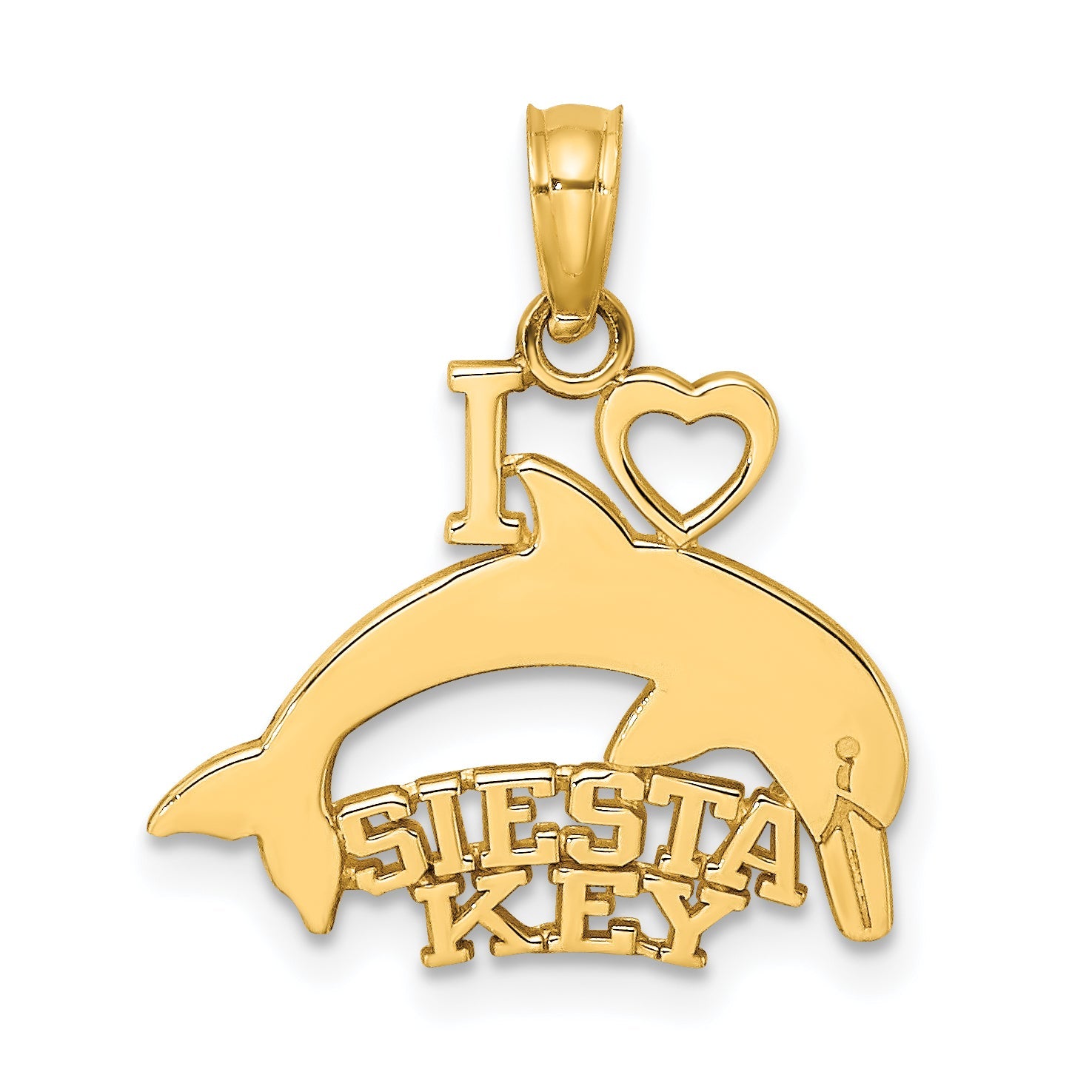 14K Yellow Gold I Heart Siesta Key With Dolphin Charm